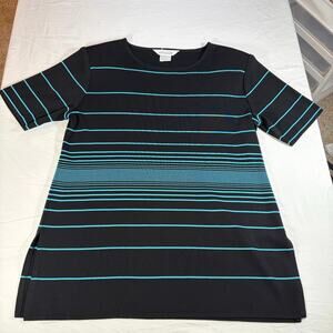 VTG Misook womens short sleeve knit top. black teal stripes Size L. quiet luxury